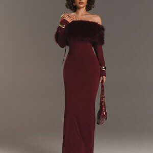 Burgundy Off-Shoulder Long Sleeve Faux Fur Women's Evening Dress